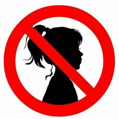 a red sign with a black silhouette of a girl in the center and a white background