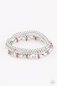 Infused with pink rhinestone encrusted rings, mismatched dainty silver and faceted silver beads are threaded along stretchy bands for a refined look.

 Sold as one set of three bracelets. Trendy Fringe, Paparazzi Accessories Jewelry, Beam Light, Paparazzi Accessories, White Rhinestone, Stretchy Bracelets, Paparazzi Jewelry, Rhinestone Bracelet, Pink Rhinestones