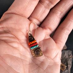 Multicolor Brass Beaded Earrings For Festival, Handmade Multicolor Copper Earrings, Bohemian Copper Earrings For Festival, Bohemian Multicolor Brass Earrings, Handmade Bohemian Copper Earrings, Multicolor Brass Earrings For Festivals, Artisan Multicolor Brass Earrings, Handmade Copper Beaded Earrings For Festival, Earth Art