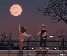 two people holding hands and looking at the moon in the night sky over a city