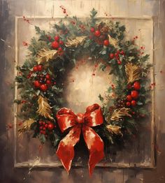 a painting of a christmas wreath with red bows