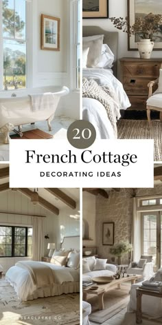 french cottage decorating ideas with white furniture and pictures on the walls, windows, and bedding