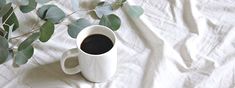 a cup of coffee sitting on top of a bed next to a leafy plant