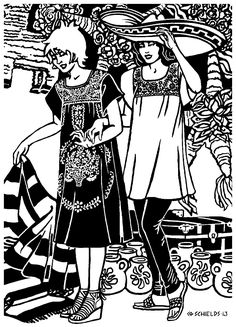 two women are standing next to each other in black and white ink on paper,