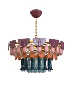 a chandelier hanging from a gold chain with colorful glass beads and chains attached to it