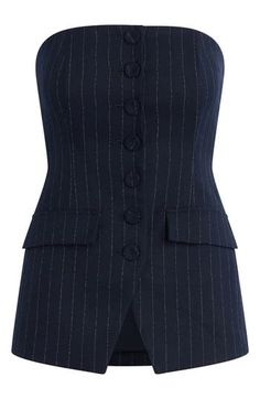 Traditional pinstripes line up for out-of-office wear in a bustier top designed with suiting style. 21" center front length (size 8) Front button closure Strapless Front flap pockets Lined 65% polyester, 33% rayon, 2% spandex Dry clean Imported Chic Pinstripe Formal Tops, Elegant Fitted Pinstripe Tops, Fitted Vertical Stripes Office Tops, Formal Striped Fitted Tops, Formal Fitted Striped Tops, Sleeveless Pinstripe Tops For Work, Pinstripe Sleeveless Tops For Work, Classic Fitted Pinstripe Tops, College Hockey