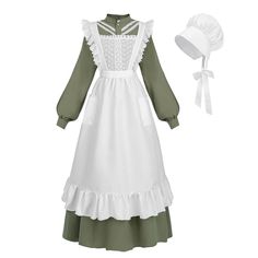 PRICES MAY VARY. 3-PIECE SET WOMENS PIONEER DRESS: The prairie dress women comes with 1pc long sleeve pioneer dress,1pc white pioneer bonnet and 1pc white apron with pocket. The pioneer woman costume available in four color blue, pink, lake green and solid dark green DESIGN: The pioneer dress for adult women features pearl buttons on the front and sleeve cuffs, a high neck collar, back zipper, and gently puffed sleeves. The pinafore apron has lace detailing on the front, ruffled trim, and two po 1800s Fashion Poor, 1800 Clothes, Pioneer Apron, Late 1800s Fashion, Little House On The Prairie Dress, Gardening Dress, 1901 Fashion, Dark Green Design, Pioneer Bonnet