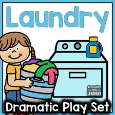 a boy holding a laundry basket next to a washing machine with the words laundry on it