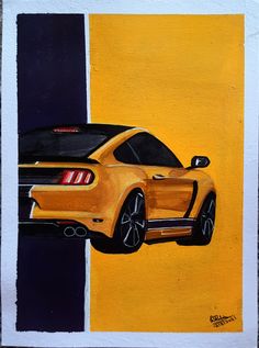 a painting of a yellow sports car on a black and yellow background