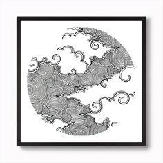 a black and white drawing of clouds in the shape of a yin - yang symbol