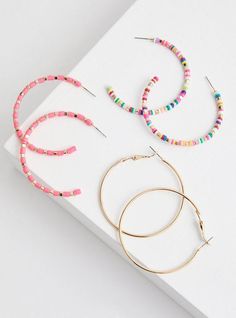 This set of earrings features multi-colored beaded hoops you can mix and match. Set of 3. Post backs. Base metal. Imported. 2. 0”-2. 1” circumference on all hoops. The best plus size women's Multi Color Beaded Hoop Set - of 3 in multi. 3 Earrings, Diy Jewelry Ideas, Sorority Recruitment, Beaded Earrings Patterns, Diy Headband, Bracelets Diy, Beaded Bracelets Diy, Beading Jewelry, Beaded Hoops