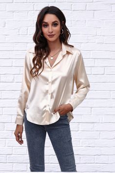 Button down and collar-equipped, this long-sleeve shirt offers timeless style and versatile wear Features: Buttoned Sheer: Opaque Stretch: No stretch Material composition: 100% polyester Care instructions: Machine wash cold. Tumble dry low. Imported - Shipping 7 to 14 days Product measurements: S: shoulder 16.8 in, bust 42.1 in, back length 26.5 in, sleeve length 20.7 in M: shoulder 17.6 in, bust 43.7 in, back length 26.9 in, sleeve length 21.1 in L: shoulder 18.7 in, bust 46 in, back length 27.