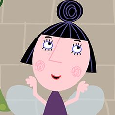 a cartoon girl with black hair and blue eyes standing in front of a green plant