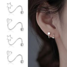 Womens Silver Small Star Heart Spiral Huggie Hoop Earrings Trendy Ear Stud 2pcs | eBay 3 Earings Piercings Ideas Silver, Star Shaped Earrings, Small Earrings Silver, Silver Minimalist Earrings, Small Gifts For Best Friends, Ears Piercing Ideas, Piercing Ear Ideas, Cute Silver Earrings, Silver Jewelry Outfit