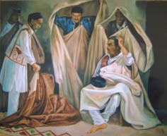 an oil painting of three men in white robes and one is sitting on the floor