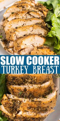 slow cooker turkey breast on a plate with lettuce