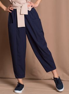 KAAREM - Canh Cropped Pocket Pant w/ Elastic - Dark Blue Versatile Ankle-length Harem Pants With Pockets, Chic Harem Pants With Pockets For Workwear, Loosely Fitted Harem Pants With Side Pockets, Chic Harem Pants With Tapered Leg And Pockets, Chic Tapered Leg Harem Pants With Pockets, Chic Cotton Harem Pants For Work, Spring Tapered Leg Harem Pants With Side Pockets, Versatile Cropped Leg Pants With Pockets, High-waisted Harem Pants With Pockets For Work