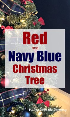 red and navy blue christmas tree with text overlay reading red and navy blue christmas tree