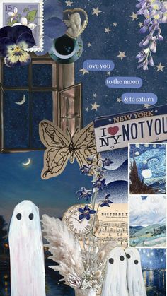 an altered collage of ghost images and postcards with the words i love you to the moon and back