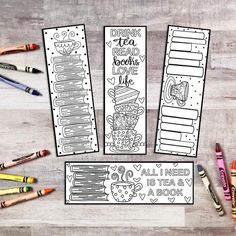 three bookmarks with markers and crayons next to them