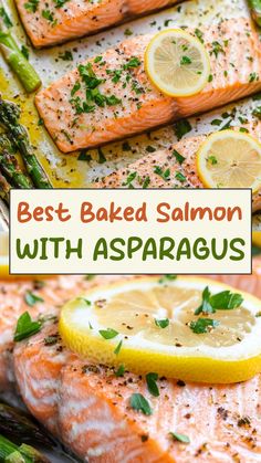 baked salmon with asparagus and lemon on a baking sheet