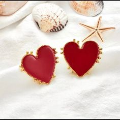 Big Red Heart Earrings With Gold Trim Big Stud Earrings, Love Core, Red Heart Earrings, Gold Heart Earring, Womens Earrings Studs, Fancy Earrings, Golden Earrings, Beating Heart, Red Earrings