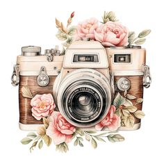 an old fashioned camera with pink flowers on it's front and side, painted in watercolor