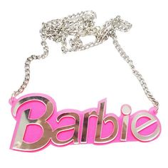 the word barbie is hanging from a chain