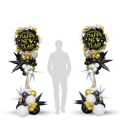 two balloons with the words happy new year hanging from it's sides and an image of a man standing next to them