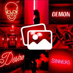 a collage of neon signs with a woman standing in the center and skulls on the wall