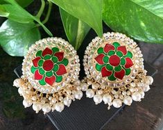 Kundan EarringsFashion EarringsWedding giftBridal | Etsy Meenakari Earrings For Marriage And Festivals, Festive Meenakari Earrings For Marriage, Green Bridal Earrings With Latkans For Gift, Handmade Chandelier Earrings For Wedding And Festivals, Green Earrings For Anniversary And Festivals, Handmade Round Flower Earrings For Wedding, Festive Silver Earrings For Marriage, Green Round Flower Earrings For Wedding, Festive Bridal Earrings As Gift