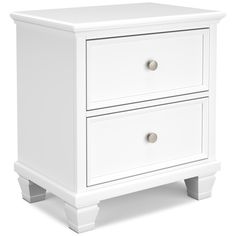 a white nightstand with two drawers on one side and an open drawer on the other