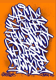 an orange background with white and blue graffiti on it's sides, including the letters