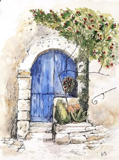 a drawing of a blue door with a tree in the foreground and flowers growing out of it