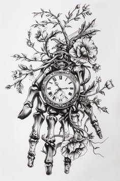 a drawing of a clock surrounded by flowers