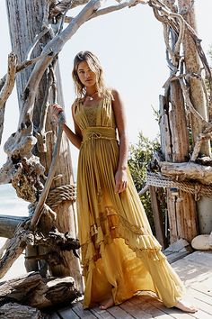 Femme beachy maxi from our Endless Summer collection featuring a dramatic tiered skirt, crochet lace insets and a drawstring waist.* Tassel drawstring* Semi-sheer accents* Flowy fit Maxi Dress Boho Style, Bohemian Schick, Bridal Kimono, Mode Hippie, Gaun Fashion, Estilo Hippie, Blue Crush, Mode Boho, 70s Boho