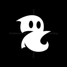 the letter s is made up of two white ghost faces on a black background with text below it