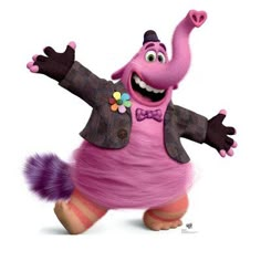 the pink monster is wearing a suit and bow tie with his arms in the air