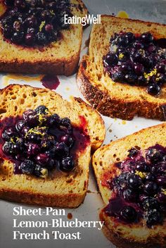 four slices of french toast with blueberries on them