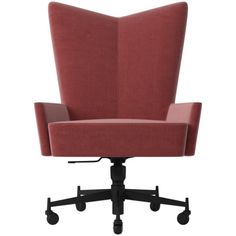 a red office chair with wheels and casteors on an isolated white background, viewed from the front