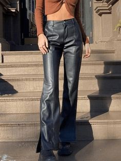 Casual Ladies Solid PU Leather Pants Split Flare Leg Pu Leather Pants - AnotherChill Leather Bell Bottoms, Summer Y2k Outfits, Styling Women, Fall 2023 Fashion Trends, Leather Pants Black, 2nd Year, Bodycon Floral Dress, Y2k Outfits, Casual Jackets