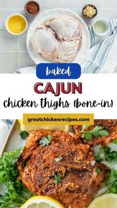 baked cajun chicken thighs on a plate with lemons and cilantro garnishes