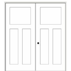 the front and side doors of a white door with two windows on each side,