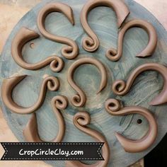 a blue plate topped with chocolate swirls on top of a table