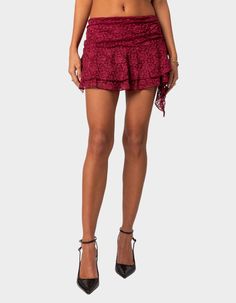 This Lace Mini Skirt Gives The Perfect Twist On A Closet Staple. With Its Delicate Lace Fabric And Ruffled Hem, It's A Versatile Piece That Adds A Touch Of Femininity To Any Outfit. Mini Skirt. Gathered Ruffle Hem. Lace Fabric. 95% Polyester, 5% Spandex. Model Wears Size S. Model Height Is 5'9. Item Care: Wash With Similar Color. | Edikted Ruby Ruffle Lace Mini Skirt Flannel Sweatshirt, Lace Mini Skirt, Burgundy Lace, Concert Fits, Maxi Styles, Swimwear Dress, Open Knit Sweater, Cargo Skirt, Metallic Dress