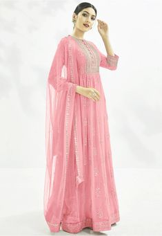 Faux Georgette Abaya Style Kameez in Light Pink This Semi-stitched Attire with Poly Shantoon Lining is Enhanced with Resham, Stone, Gota Lace and Gota Patti Work. Crafted in Round Neck and Quarter Sleeves Available with a Poly Shantoon Churidar in Light Pink and a Faux Chiffon Dupatta in Light Pink The Kameez and Bottom Lengths are 56 and 46 inches respectively Do note: Accessories shown in the image are for presentation purpose only and length may vary upto 2 inches.(Slight variation in actual Long Georgette Abaya For Eid, Eid Long Georgette Abaya, Maxi Length Palazzo Set With Dabka Work For Eid, Festive Anarkali Style Long Abaya, Festive Anarkali Long Abaya, Festive Long Anarkali Abaya, Georgette Abaya With Dabka Work, Traditional Pink Floor-length Abaya, Traditional Floor-length Pink Abaya