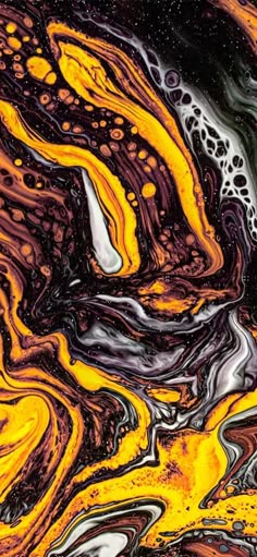 an abstract painting with yellow, black and white swirls on the bottom half of it