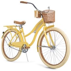 a yellow bicycle with a basket on the front and back wheel, is shown against a white background