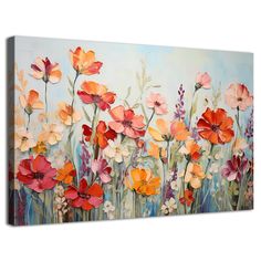 an abstract painting of red and orange flowers with blue sky in the background, painted on canvas