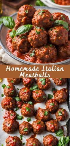 meatballs with tomato sauce and parsley on top are shown in this collage